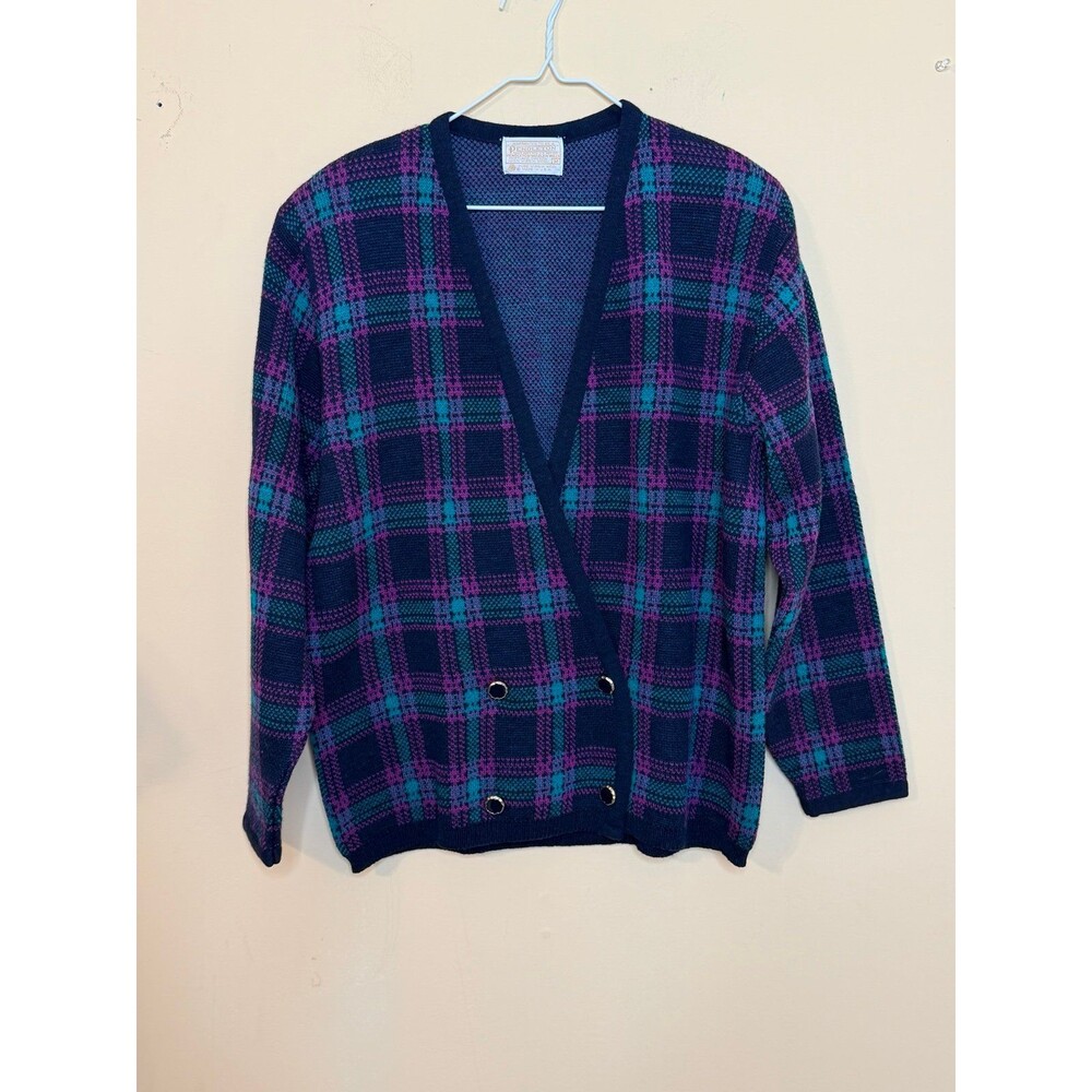 Vintage Pendleton Button Front Cardigan Sweater Plaid Purple Size M Virgin Wool